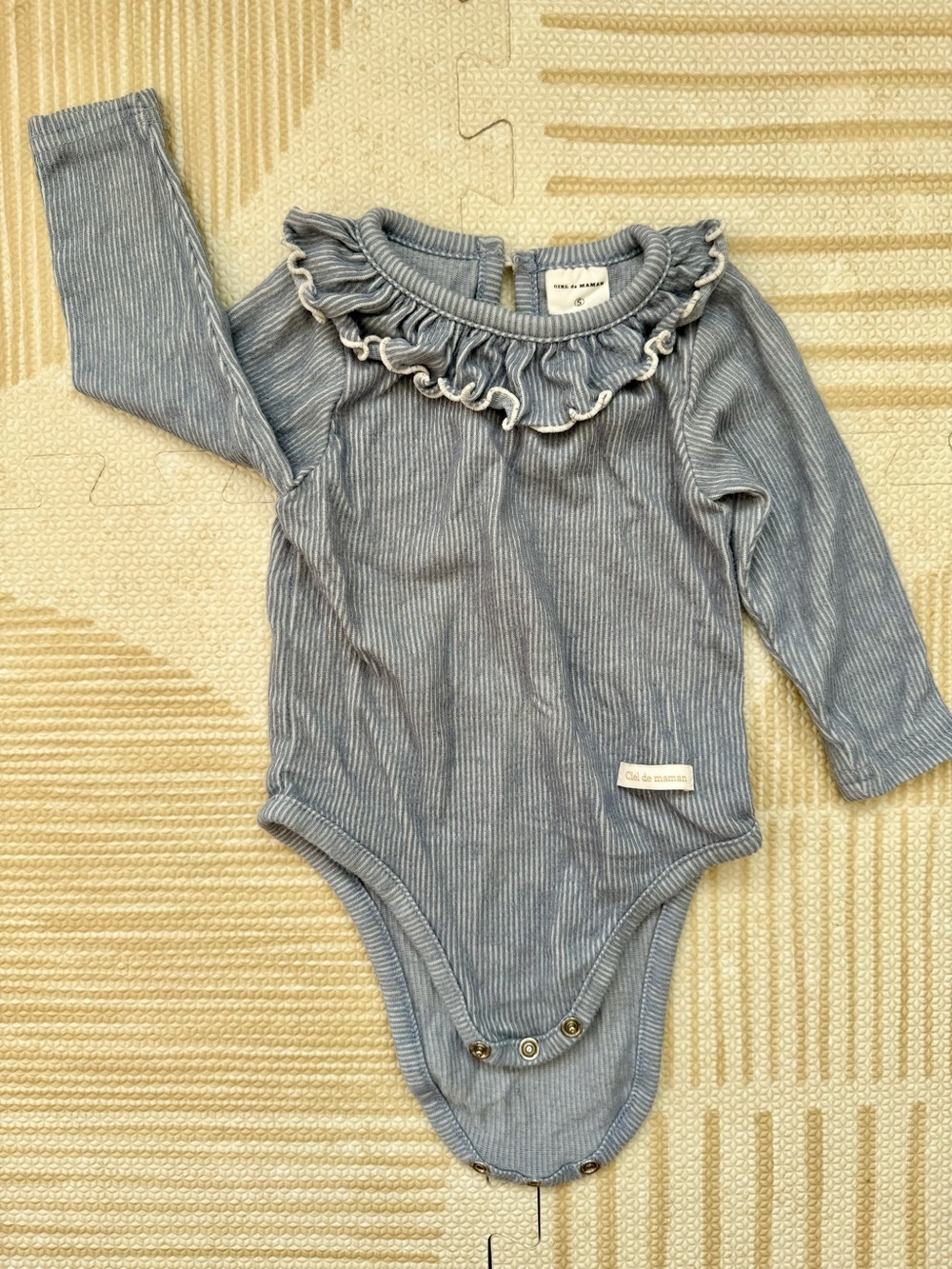 Ciel de Maman Baby Blue Ruffle Neck Long-Sleeve One-Piece